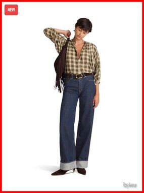 Low Slung Baggy Wide Leg Cuffed Hem Jeans 100% Cotton Relaxed Fit